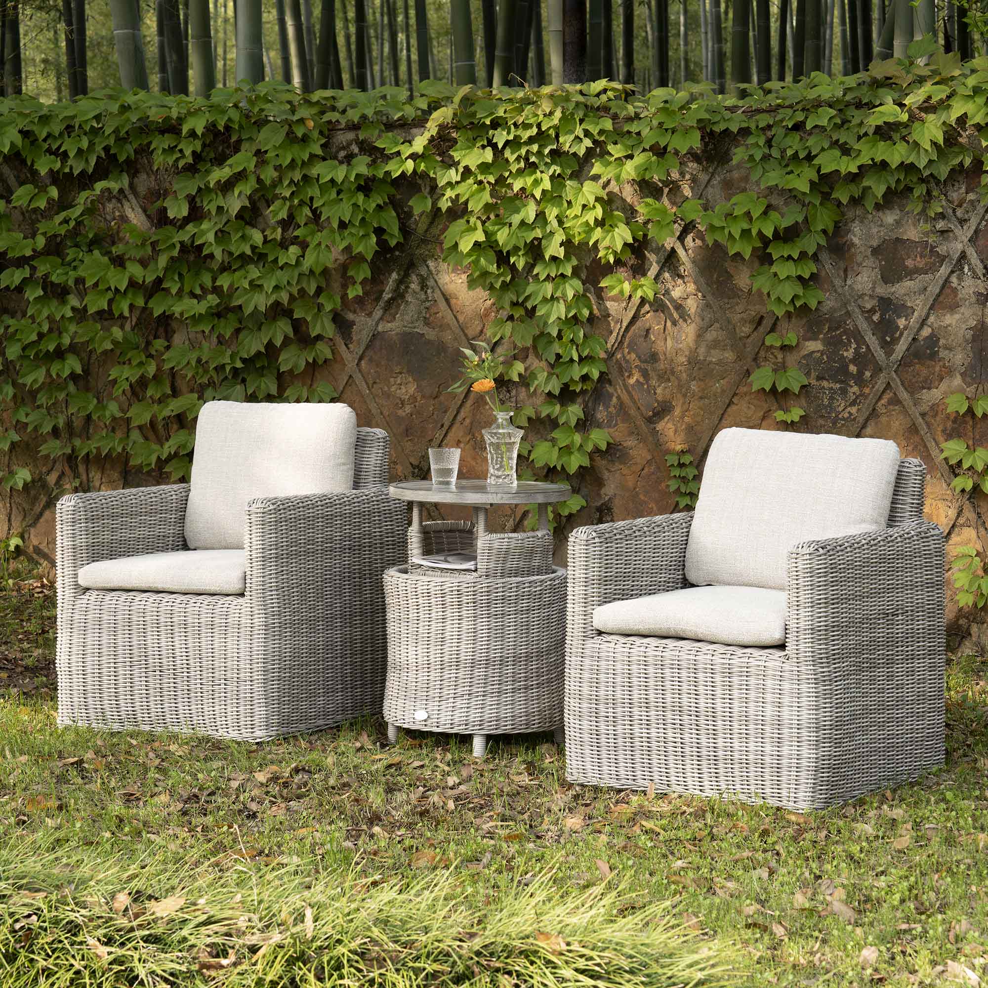 Bellagio Round Wicker Bistro Set with Rising Side Table, Light Grey