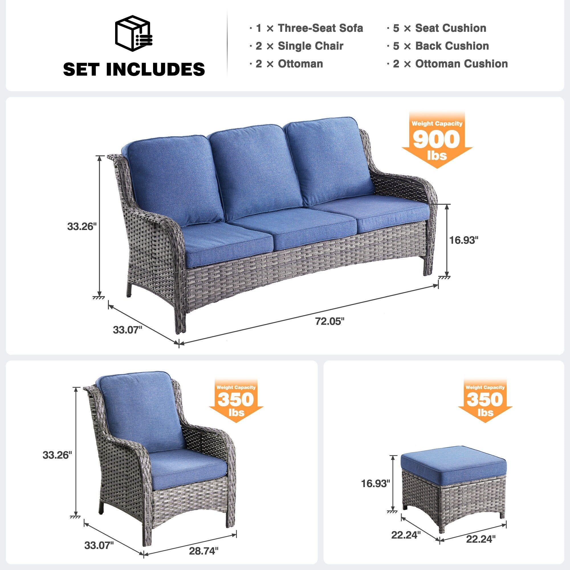 OVIOS 5-piece Patio Wicker High Back Conversation Set