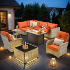 OVIOS 9 Pieces Outdoor Wicker Swivel Chair Set With Fire Table