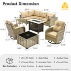OVIOS 9 Pieces Outdoor Wicker Swivel Chair Set With Fire Table