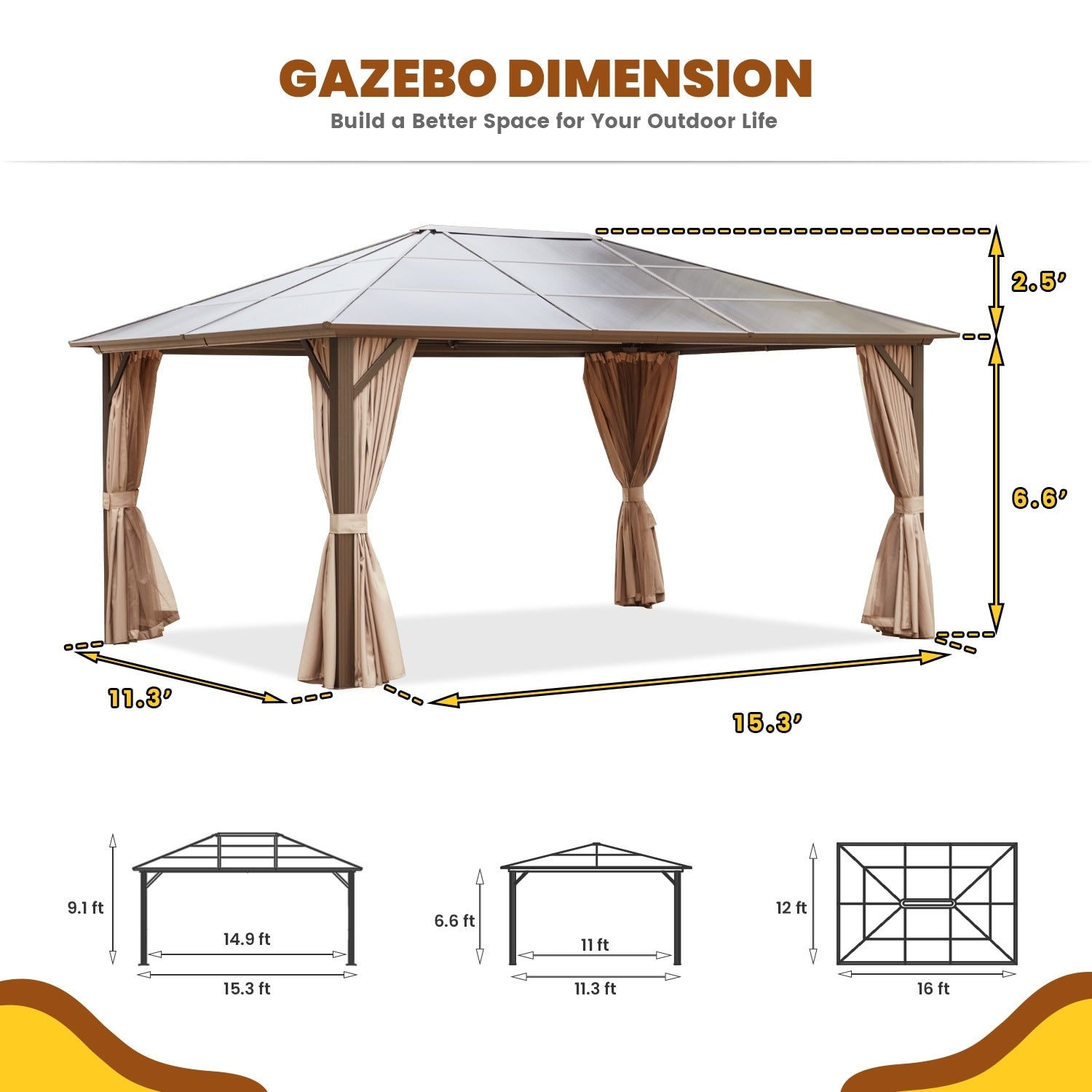 EROMMY Hardtop Gazebo,Outdoor Pergola with Double Roof & Netting & Curtains,Heavy Duty Canopy for Patio, Backyard, Pool party