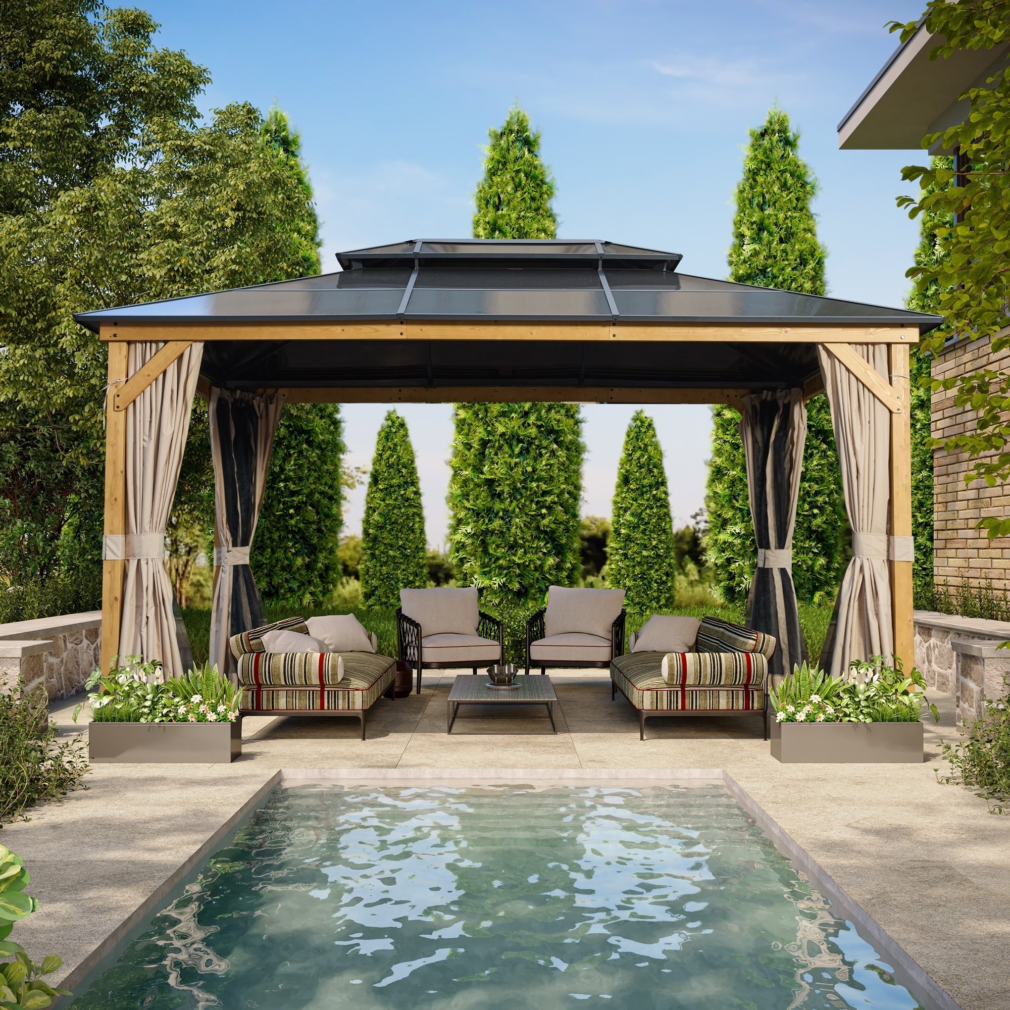 EROMMY Hardtop Gazebo,Outdoor Pergola with Double Roof & Netting & Curtains,Heavy Duty Canopy for Patio, Backyard, Pool party