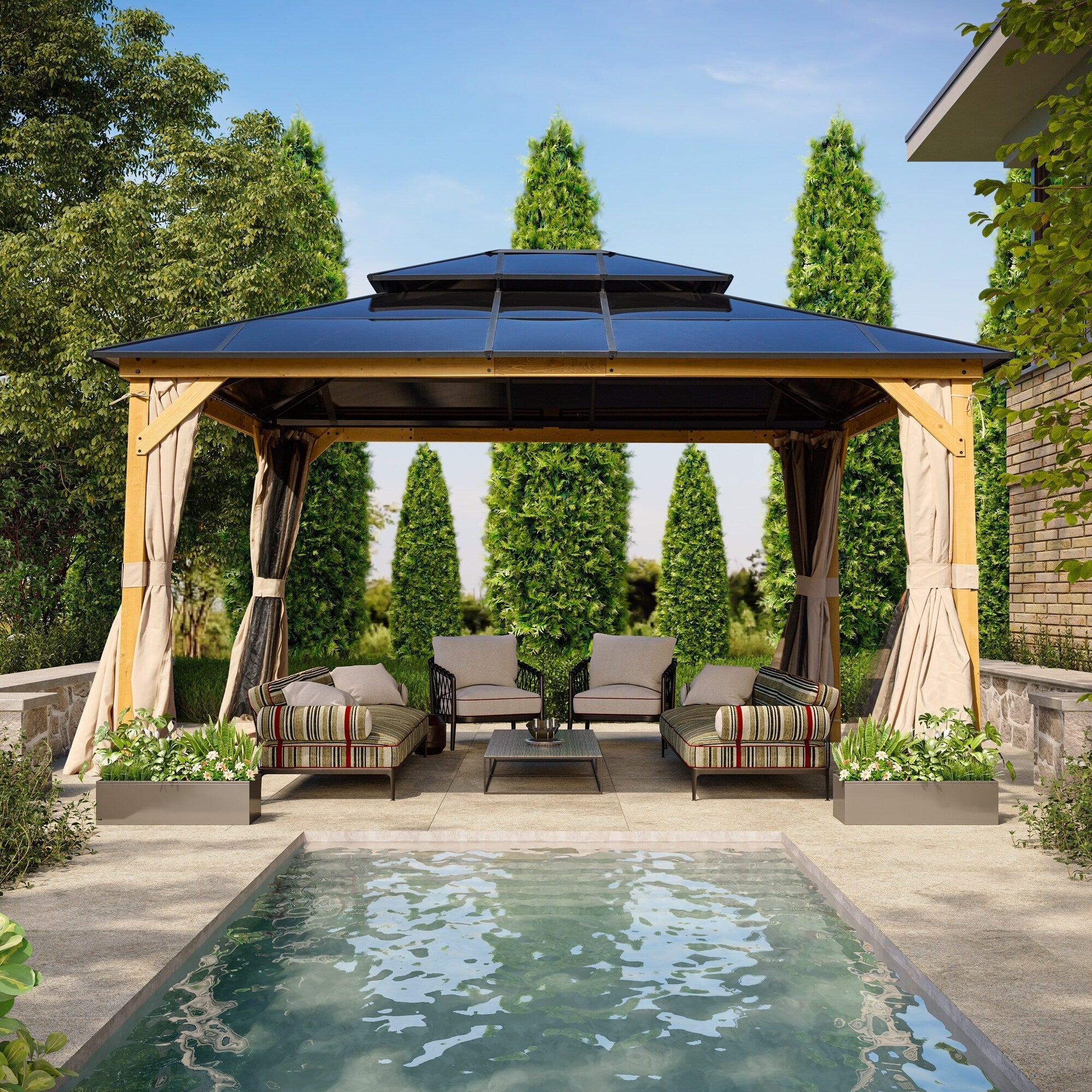 EROMMY Hardtop Gazebo,Outdoor Pergola with Double Roof & Netting & Curtains,Heavy Duty Canopy for Patio, Backyard, Pool party