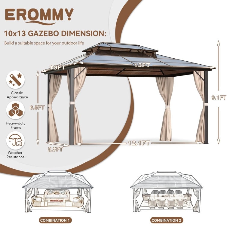 Hardtop Gazebo for Backyard – Permanent Pergola with Netting, Curtains & Double Roof, All-Weather Outdoor Shelter