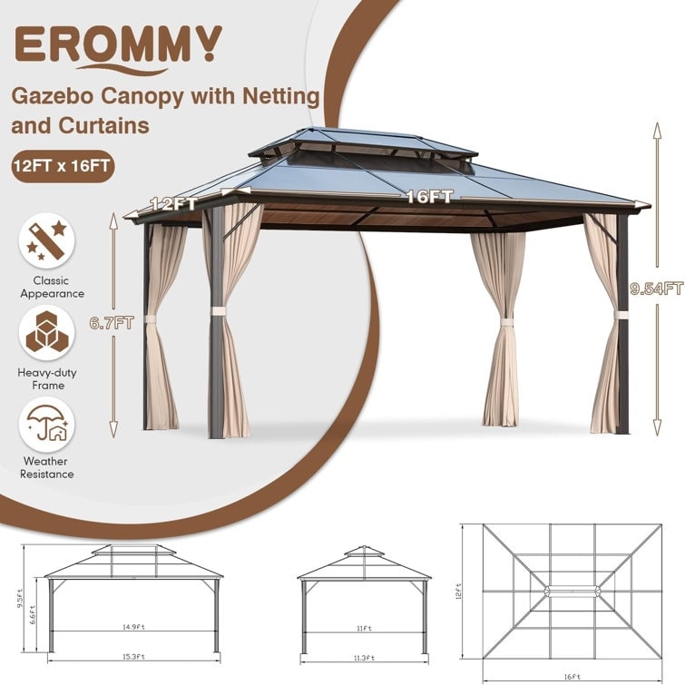 Hardtop Gazebo for Backyard – Permanent Pergola with Netting, Curtains & Double Roof, All-Weather Outdoor Shelter