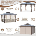 Hardtop Gazebo for Backyard – Permanent Pergola with Netting, Curtains & Double Roof, All-Weather Outdoor Shelter