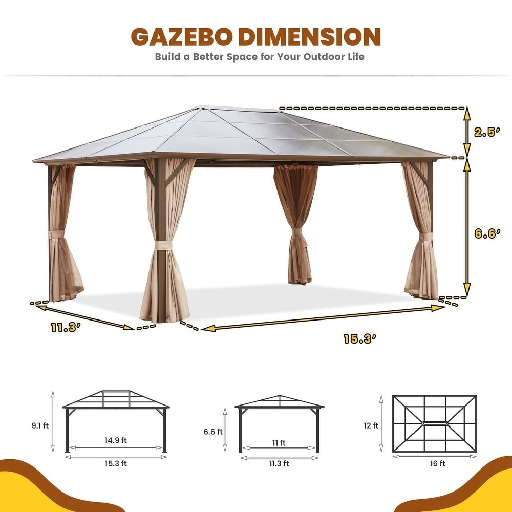 Hardtop Gazebo for Backyard – Permanent Pergola with Netting, Curtains & Double Roof, All-Weather Outdoor Shelter