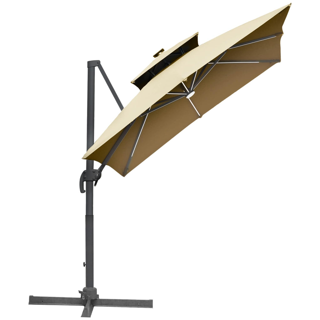 Outsunny 10ft Solar LED Patio Umbrella, Offset Hanging Umbrella with 360° Rotation, Cross Base, 8 Ribs, Tilt and Crank