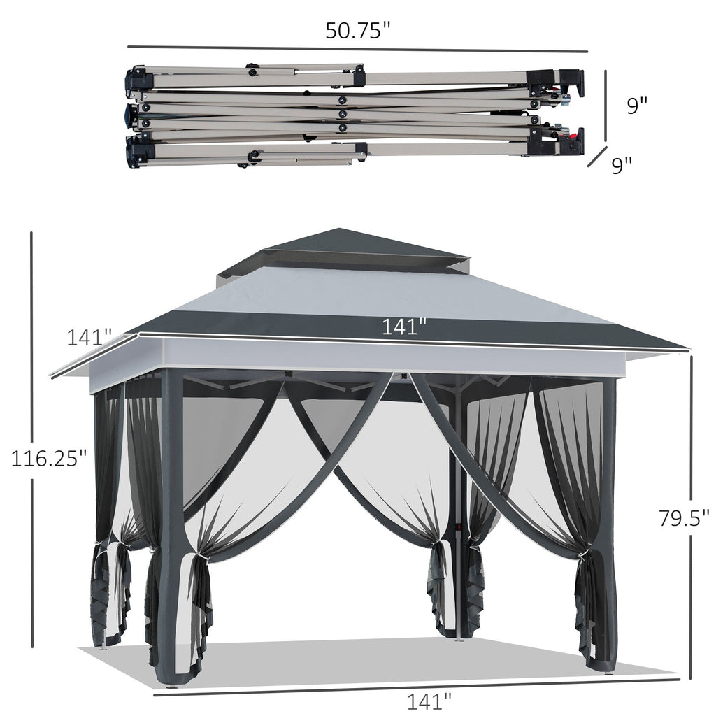 Outsunny 12' x 12' Pop Up Canopy Sun Shade Instant Tent Folding with Mesh Sidewall Netting, 3-Level Adjustable Height