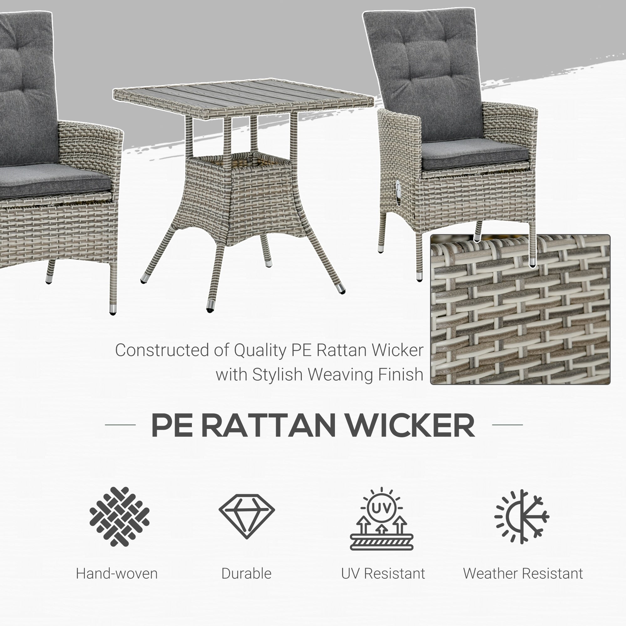 Outsunny 3 Pieces Patio PE Rattan Sofa Set, Outdoor Recliner Chairs Wood Grain plastic Top Coffee Table