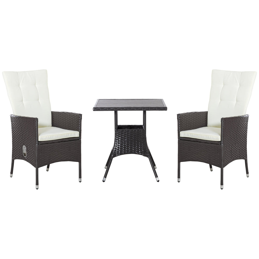 Outsunny 3 Pieces Patio PE Rattan Sofa Set, Outdoor Recliner Chairs Wood Grain plastic Top Coffee Table