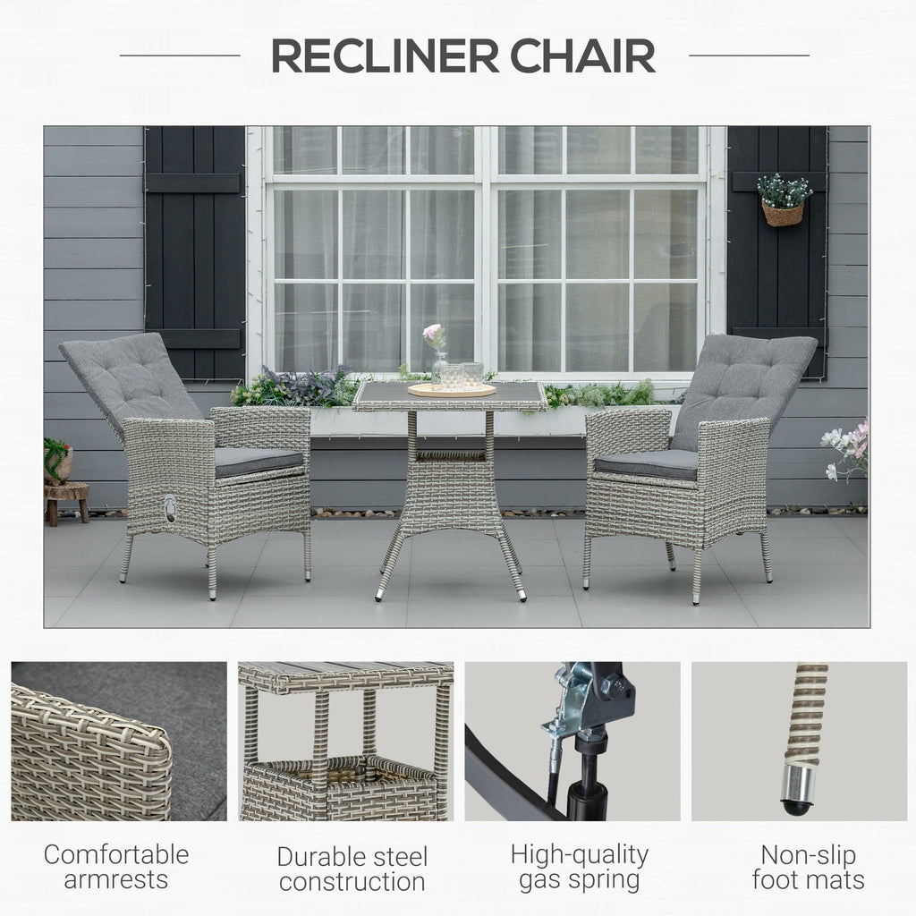 Outsunny 3 Pieces Patio PE Rattan Sofa Set, Outdoor Recliner Chairs Wood Grain plastic Top Coffee Table