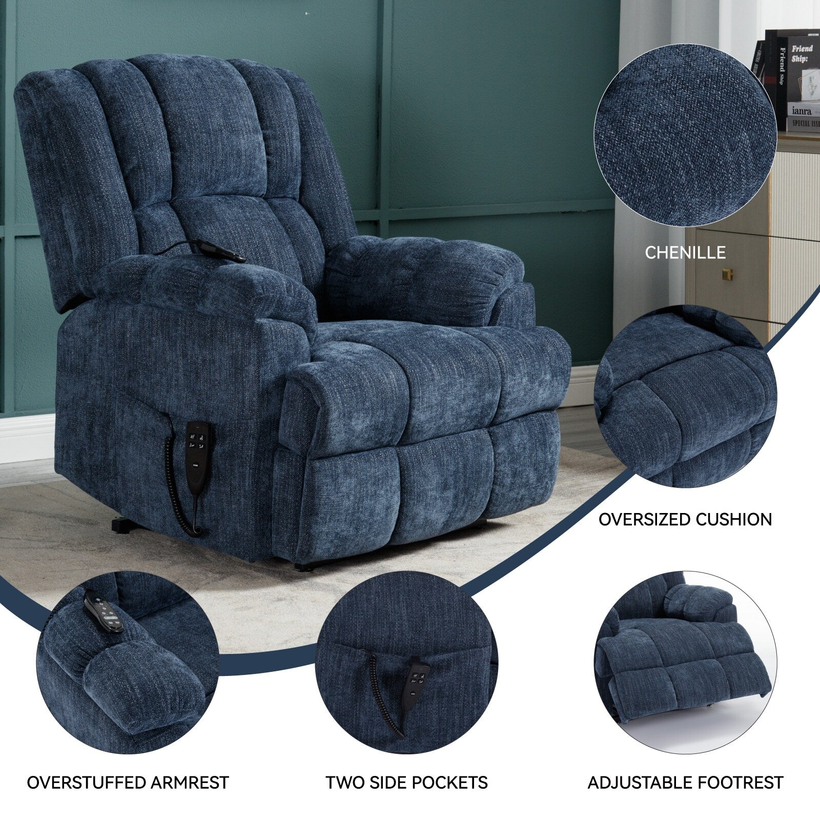 Oversized Chenille Power Lift Recliner Chair with Massage and Lumbar Heating, Infinite Position Reclining