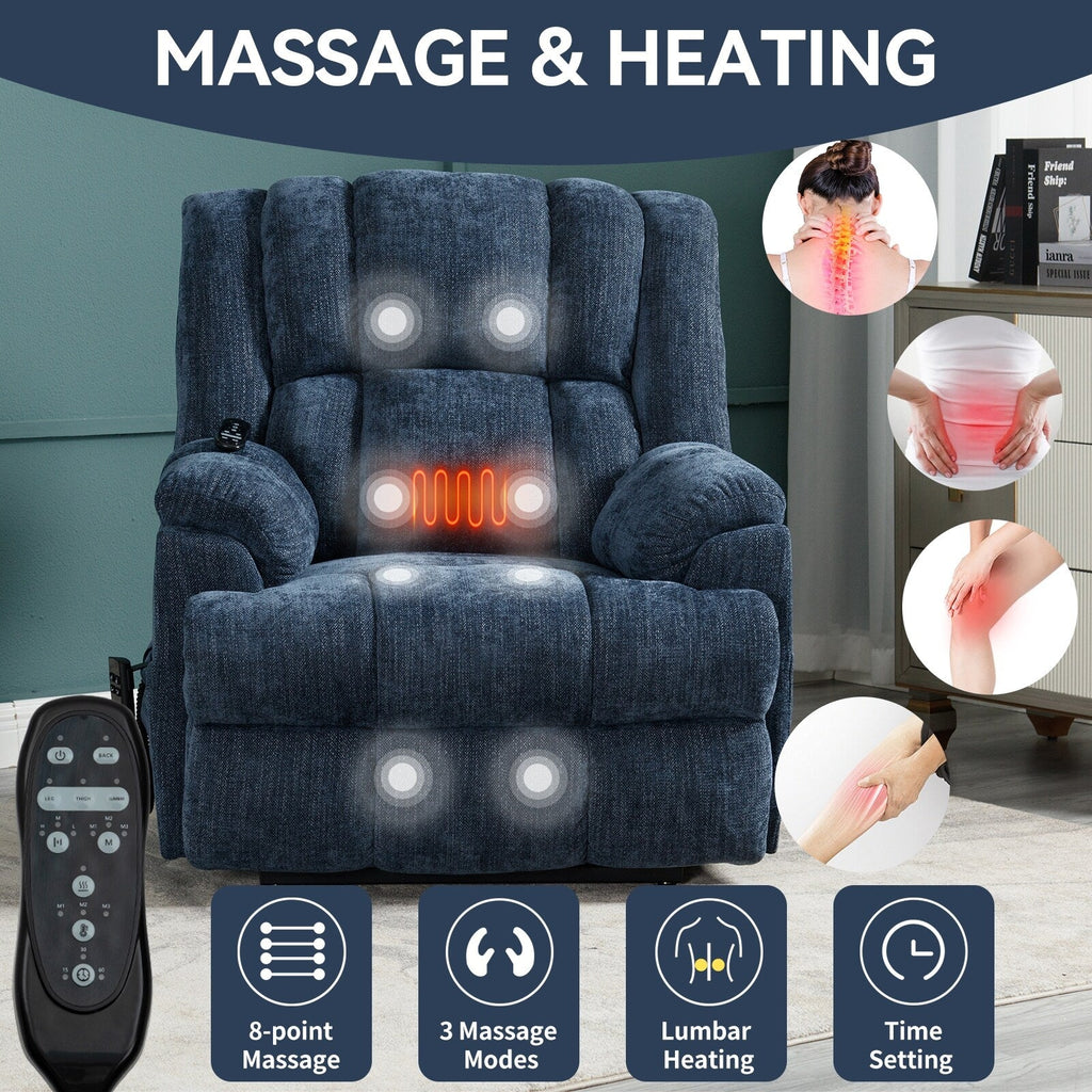 Oversized Chenille Power Lift Recliner Chair with Massage and Lumbar Heating, Infinite Position Reclining