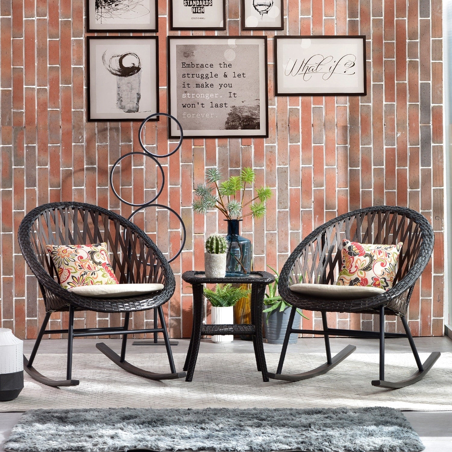 OVIOS 3-piece Patio Rocking Chair Bistro Set with Glass Coffee Table