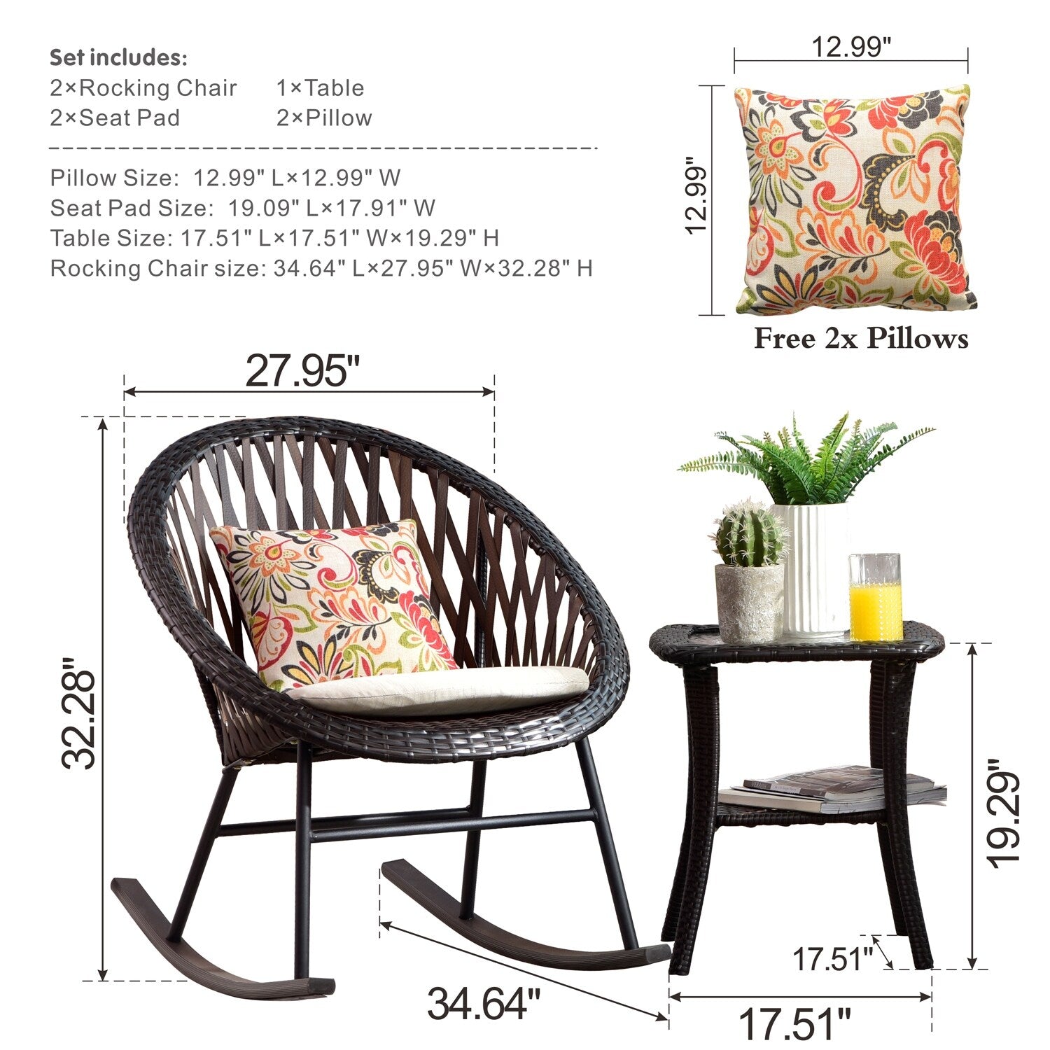 OVIOS 3-piece Patio Rocking Chair Bistro Set with Glass Coffee Table