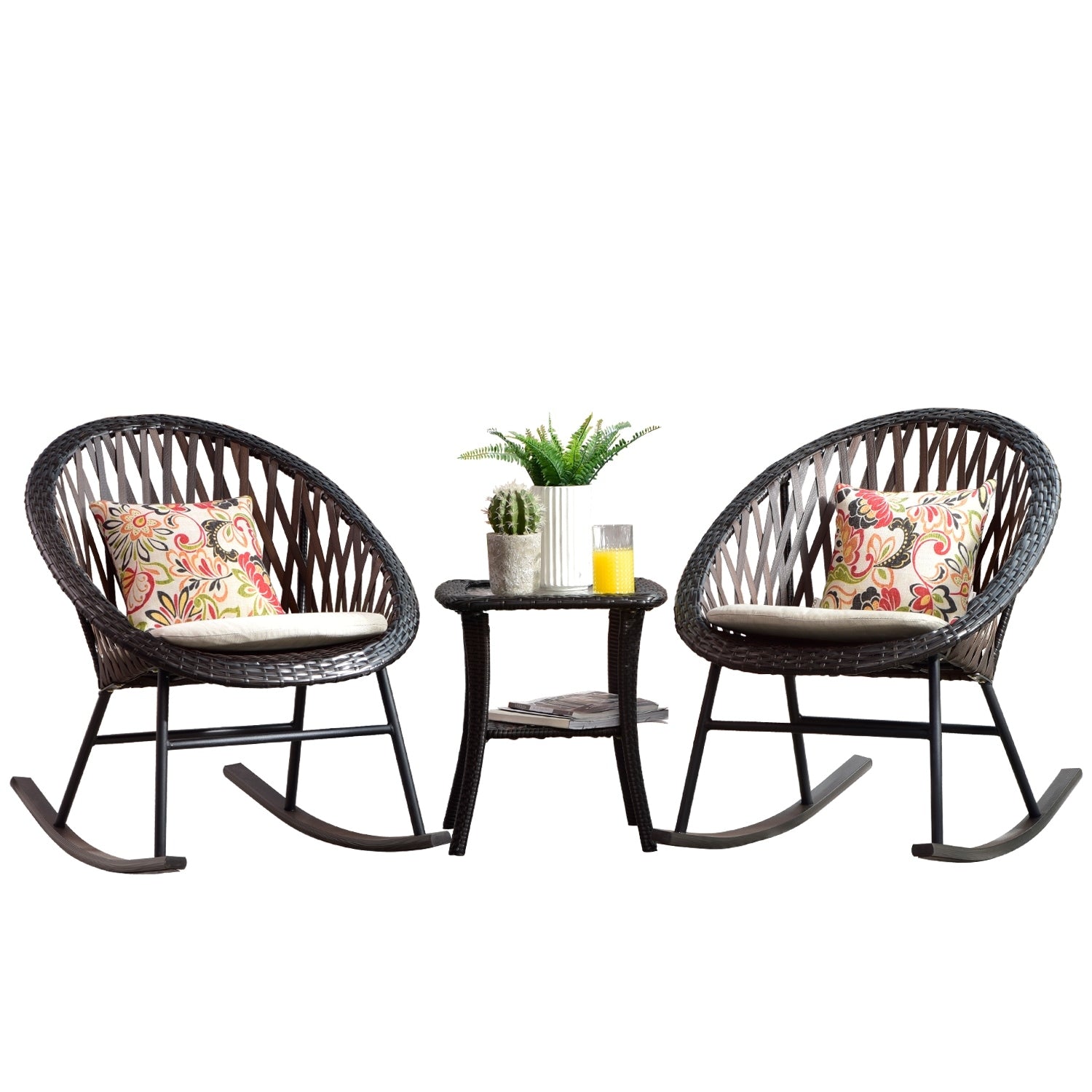 OVIOS 3-piece Patio Rocking Chair Bistro Set with Glass Coffee Table