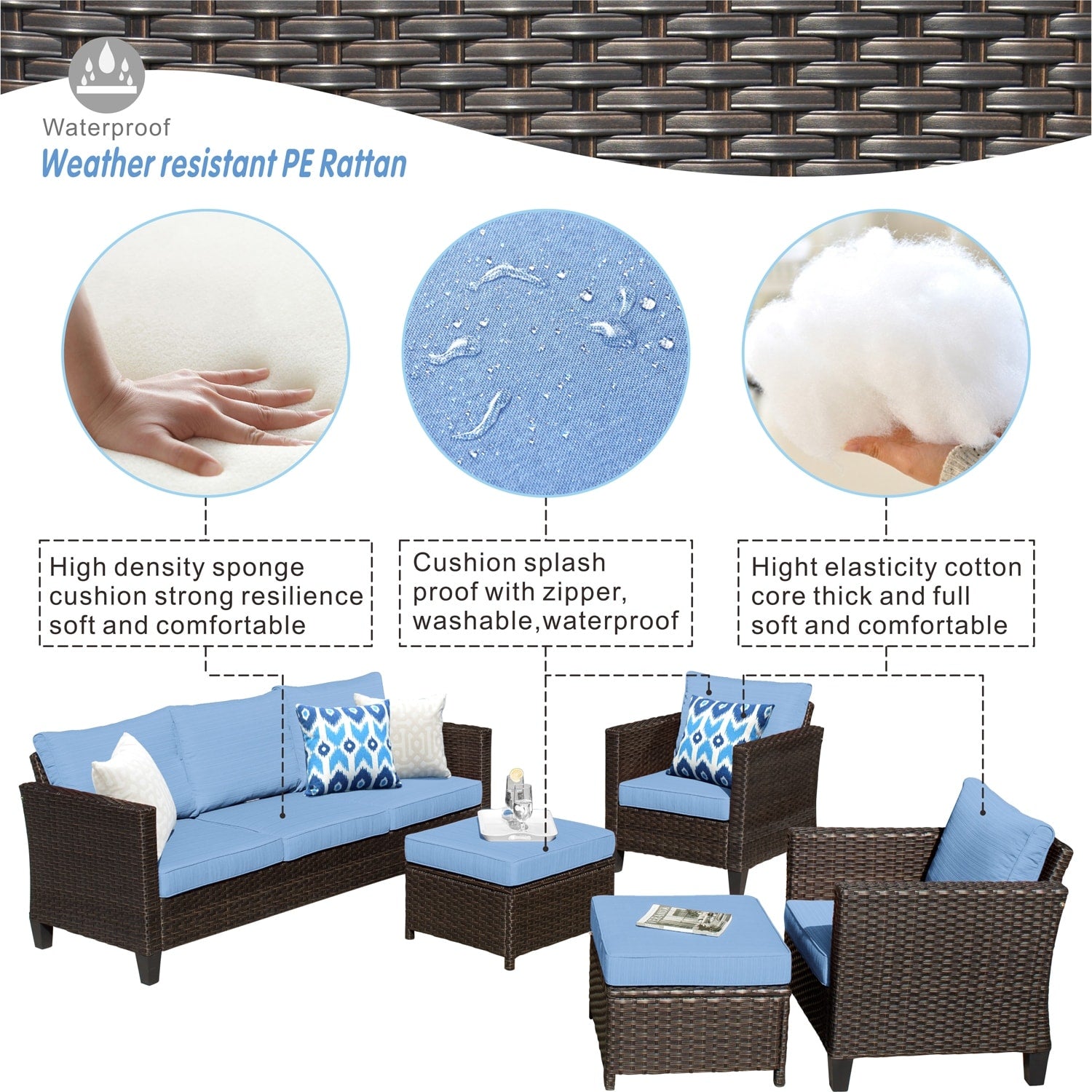 OVIOS 5-piece Patio Furniture Wicker Outdoor High-back Seating Set