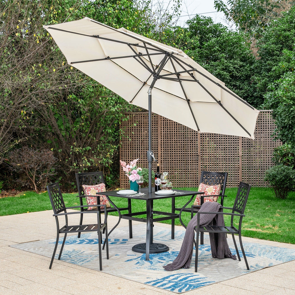MAISON ARTS 6-Piece Patio Dining Set with 10ft 3 Tier Auto-tilt Umbrella: 4 Metal Outdoor Chairs 1 Metal Square Dining Table