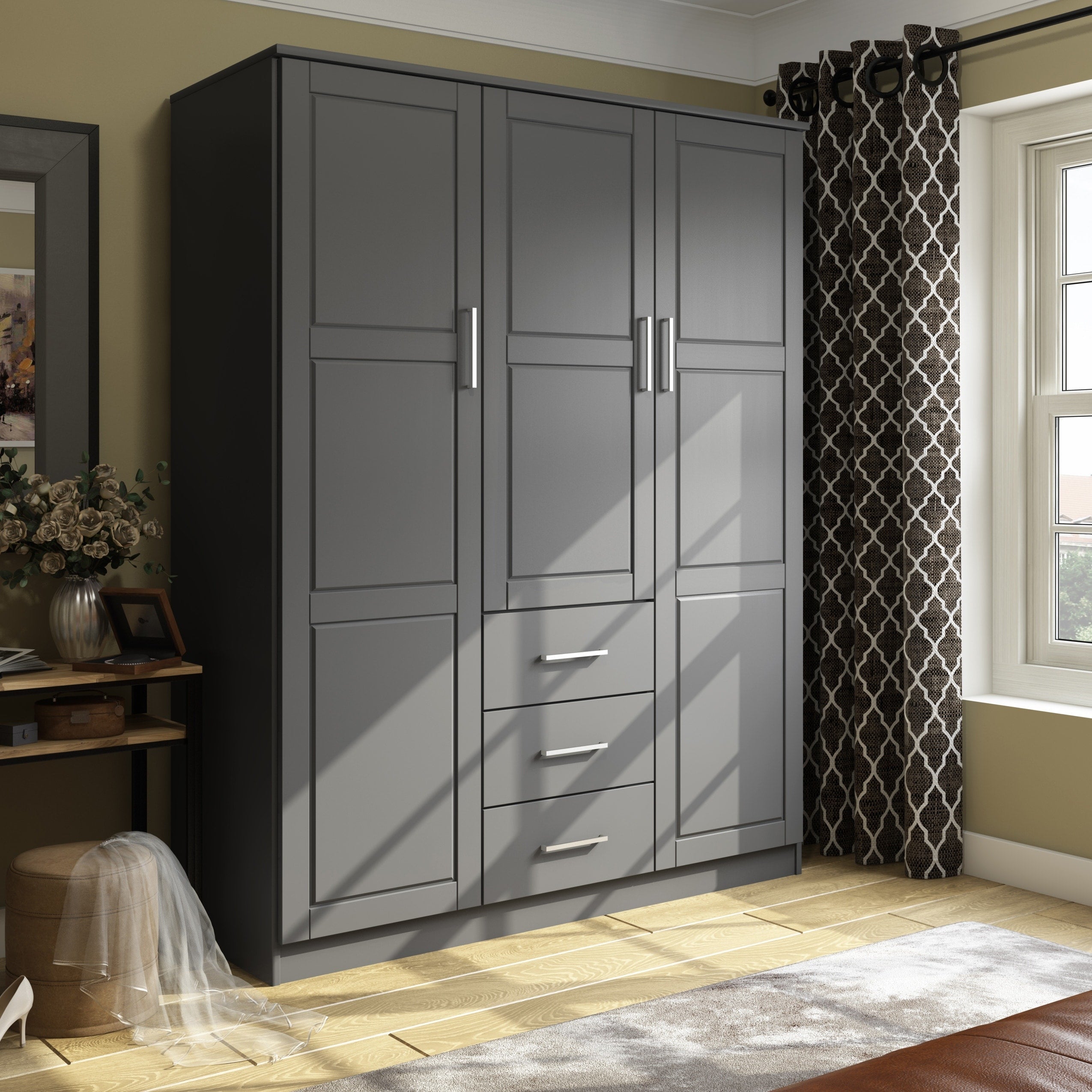 Palace Imports 100% Solid Wood Cosmo 3-Door Wardrobe Armoire with Solid Wood or Mirrored Doors