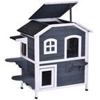 PawHut Fir Wood 2-Story Outdoor Cat House, Wooden Feral Cat Shelter with Openable Asphalt Roof for Indoor/Outdoor, White / Grey