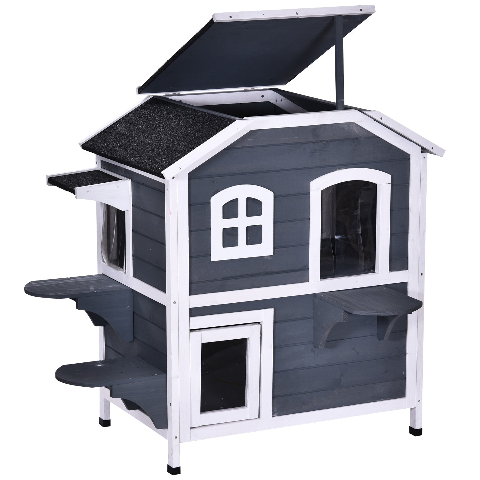 PawHut Fir Wood 2-Story Outdoor Cat House, Wooden Feral Cat Shelter with Openable Asphalt Roof for Indoor/Outdoor, White / Grey