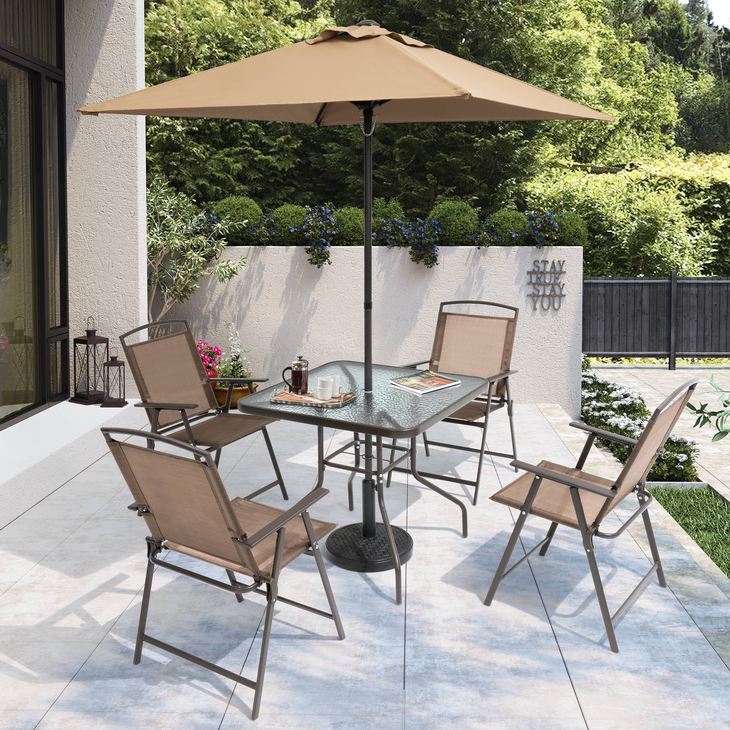 Pellebant 6 Piece Patio Set with Table, Umbrella and 4 Folding Chairs - 22.4Wx26.8Dx34.4H