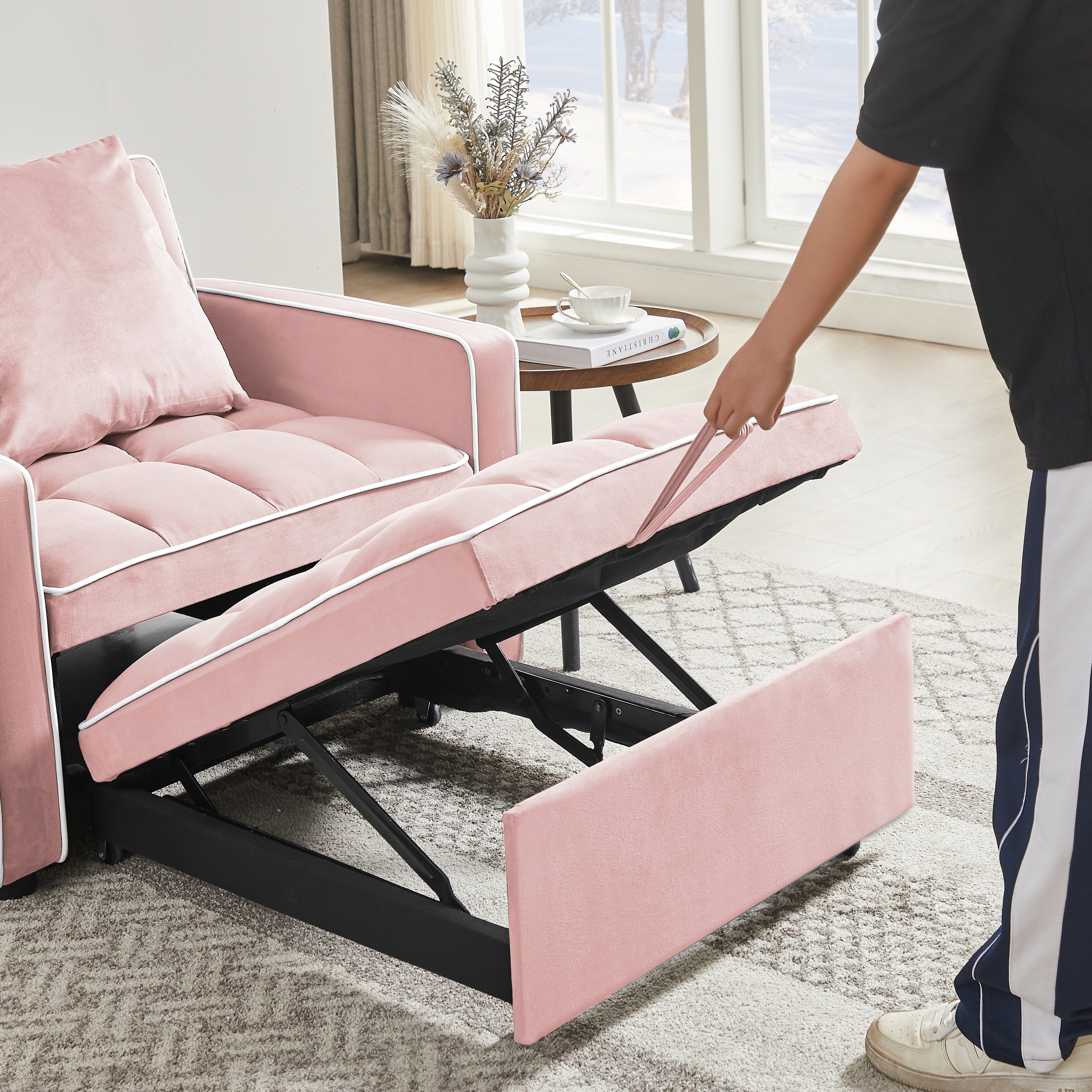 Pink Velvet Single Sofa Bed with Adjustable Back