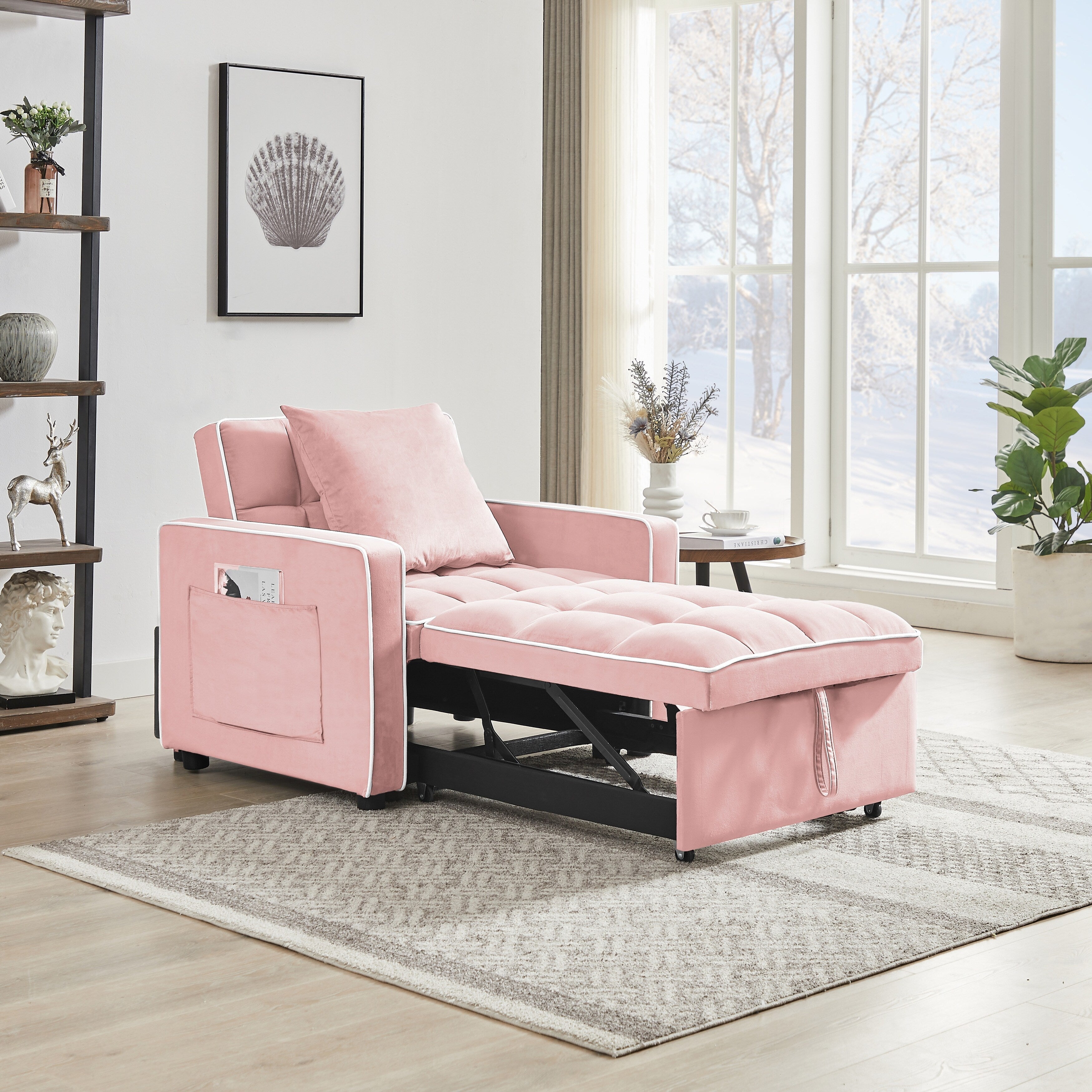 Pink Velvet Single Sofa Bed with Adjustable Back