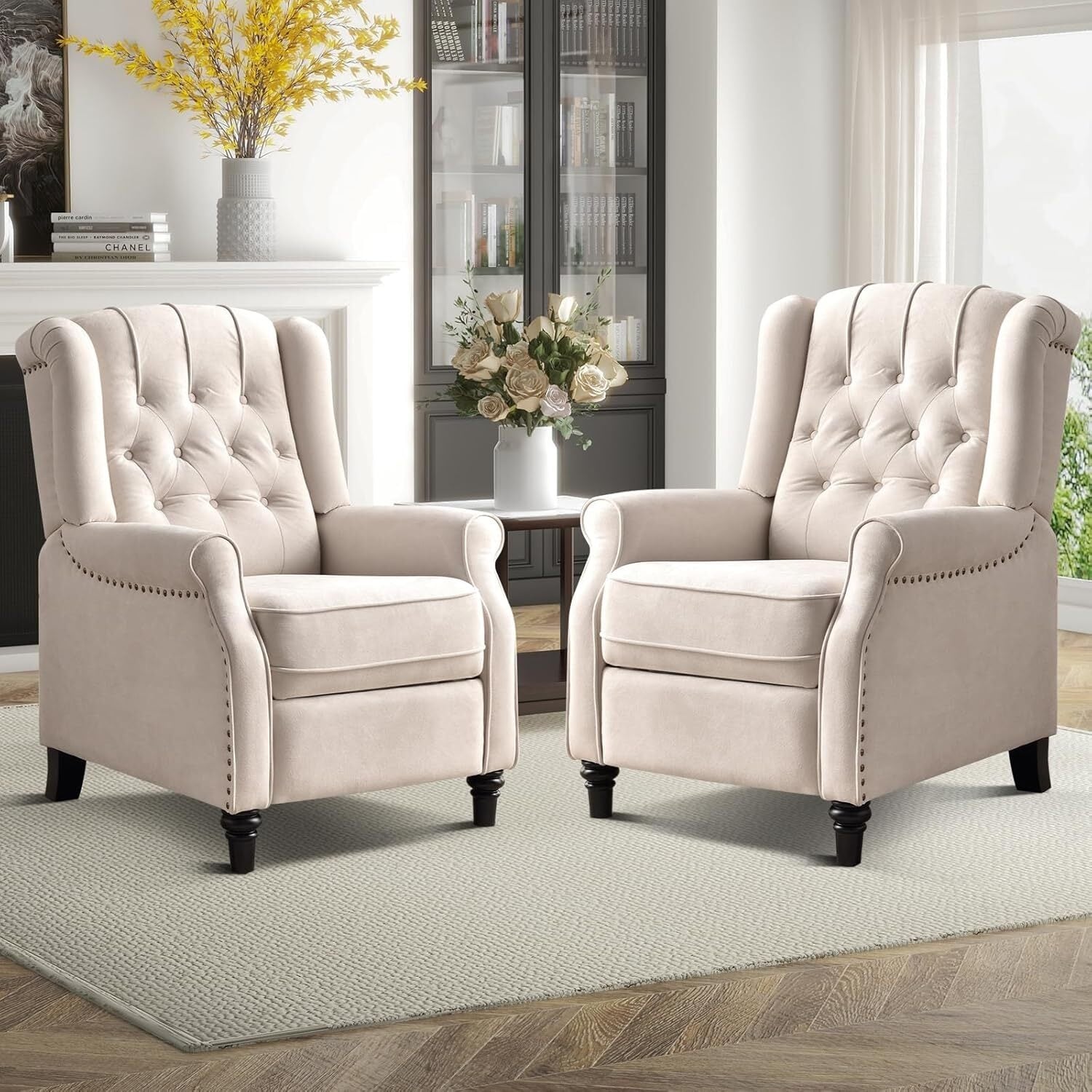 Pushback Recliner Chair, Fabric Armchair Push Back Recliner with Rivet Decoration, Single Sofa Accent Chair