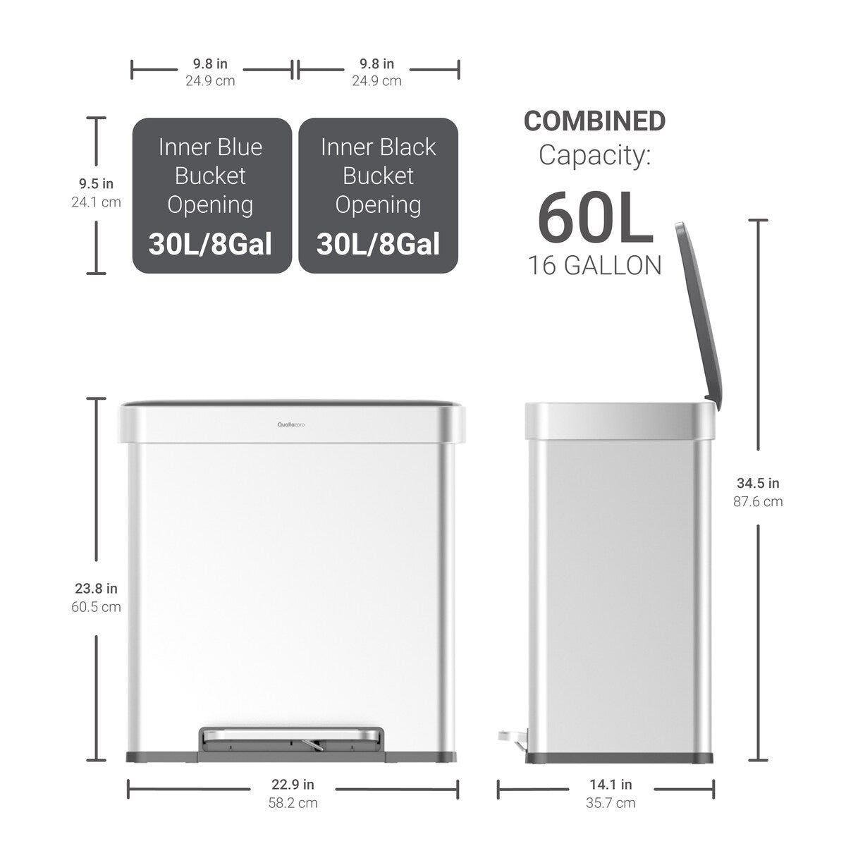 Qualiazero 16 Gal (8 Gal dual unit) Rectangular Recycle Step Can - Stainless Steel