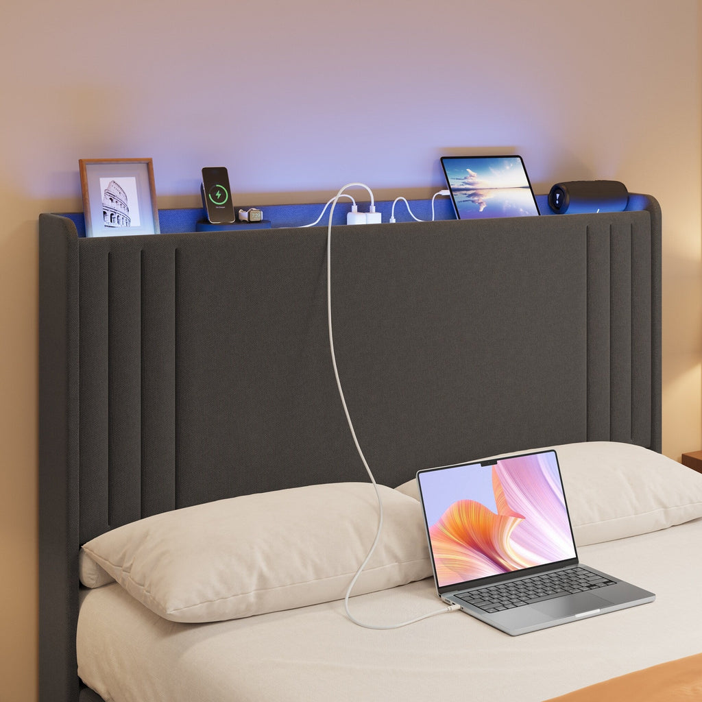 Queen/ Full Vertical Channels Upholstered Bed with Wingback Headboard