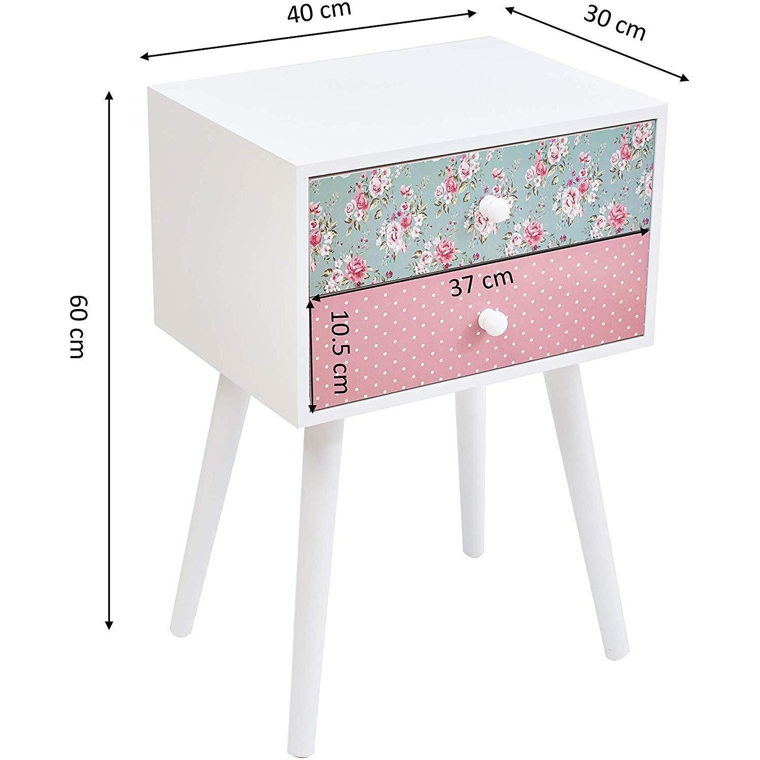 Cherry Tree Furniture CANTERBURY Wooden 2-Drawer Bedside Table Nightstand, Rose & Polka Dot Pattern