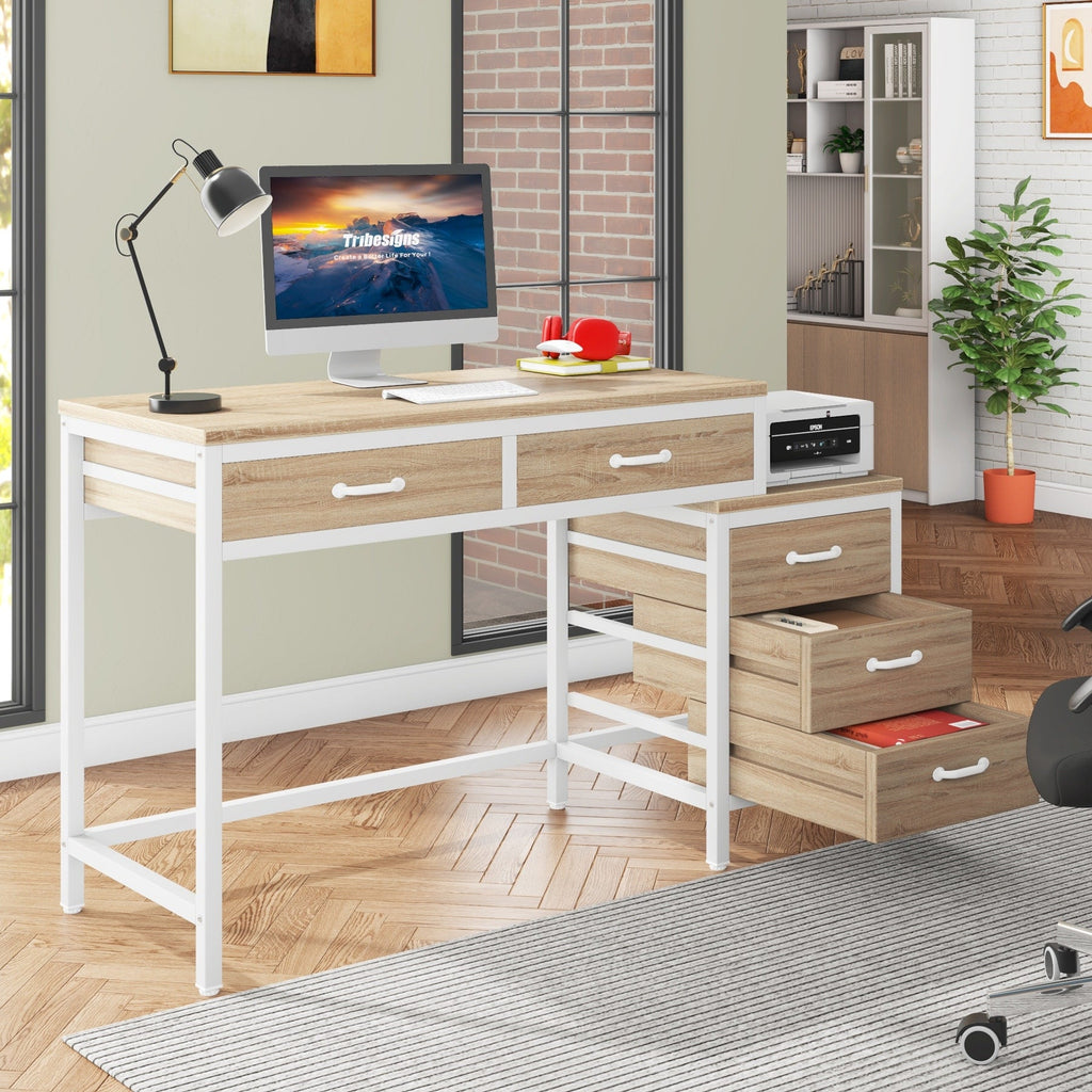 Reversible Computer Desk with 5 Drawers, Home Office Desk with File Cabinet Drawer Printer Stand