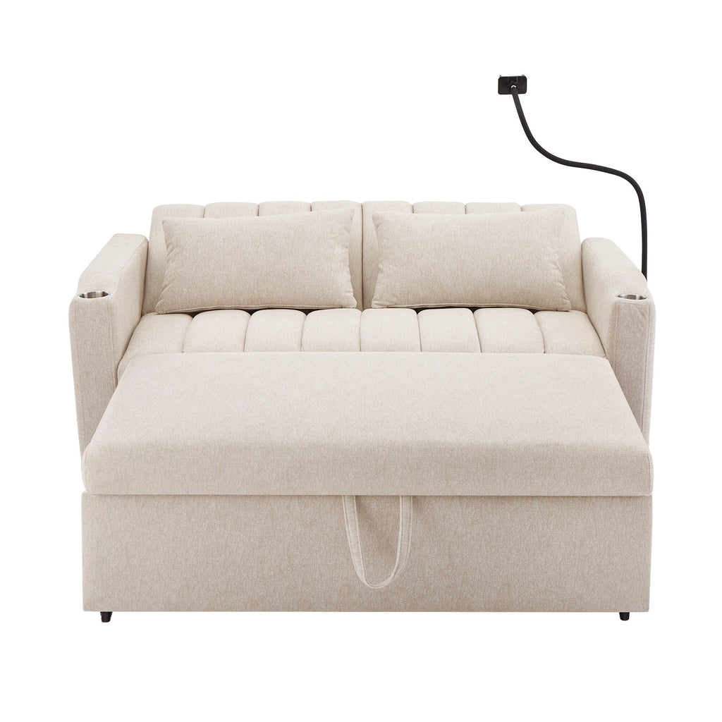 Roomfitters Convertible Loveseat Sofa Bed with USB Ports, Side Pockets, Cup Holders, and Swivel Phone Holder for Living Room