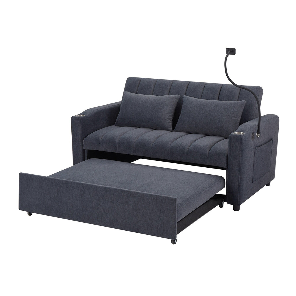 Roomfitters Convertible Loveseat Sofa Bed with USB Ports, Side Pockets, Cup Holders, and Swivel Phone Holder for Living Room