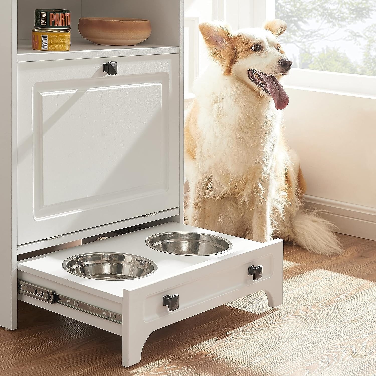 Roomfitters Dog Feeding Station with 2 Elevated Dog Bowls, Tilt Out Pet Feeding Cabinet Station