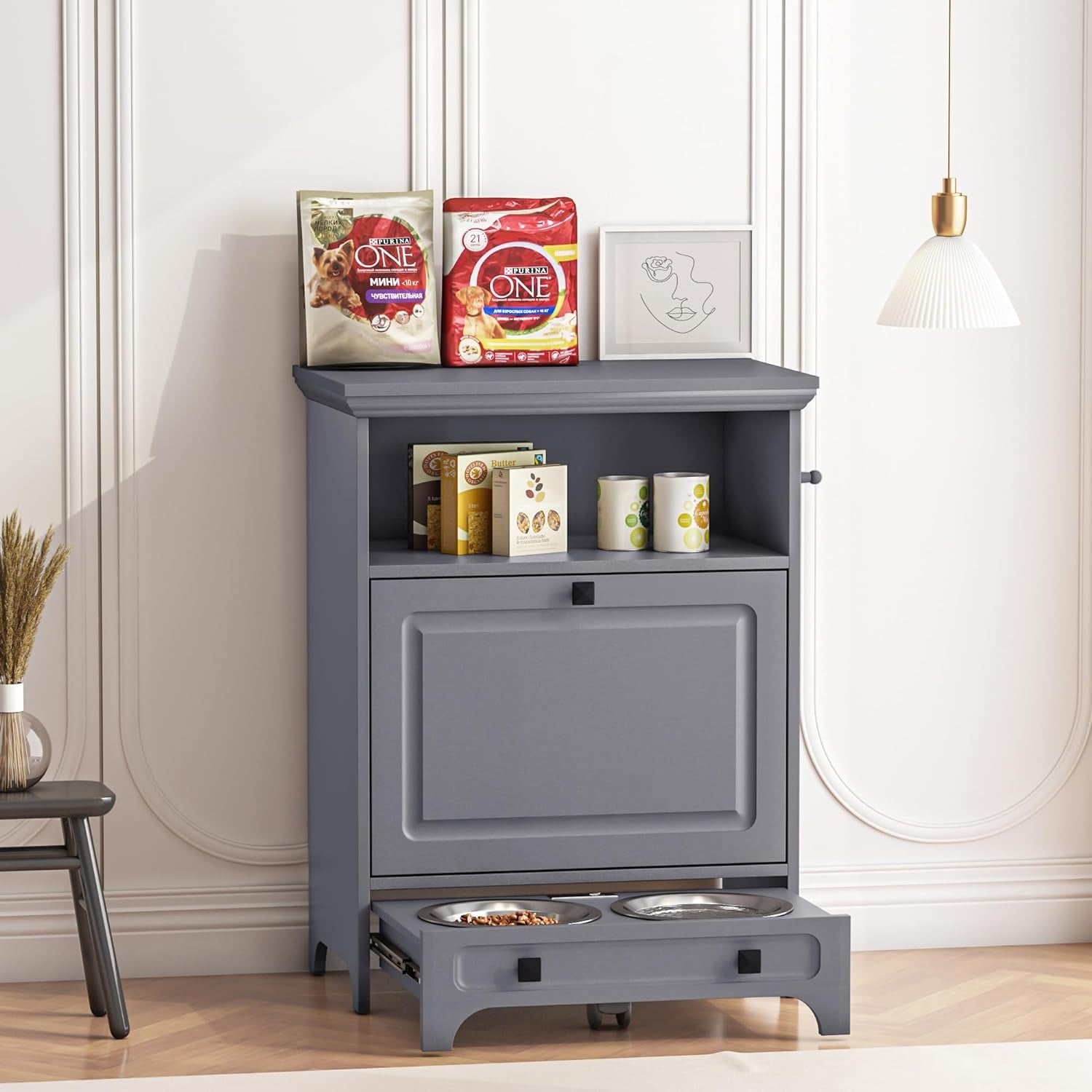 Roomfitters Dog Feeding Station with 2 Elevated Dog Bowls, Tilt Out Pet Feeding Cabinet Station