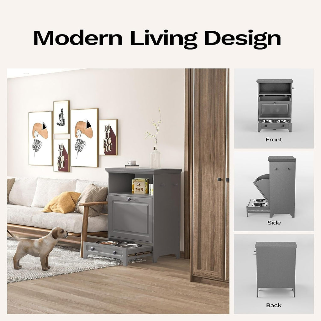 Roomfitters Dog Feeding Station with 2 Elevated Dog Bowls, Tilt Out Pet Feeding Cabinet Station