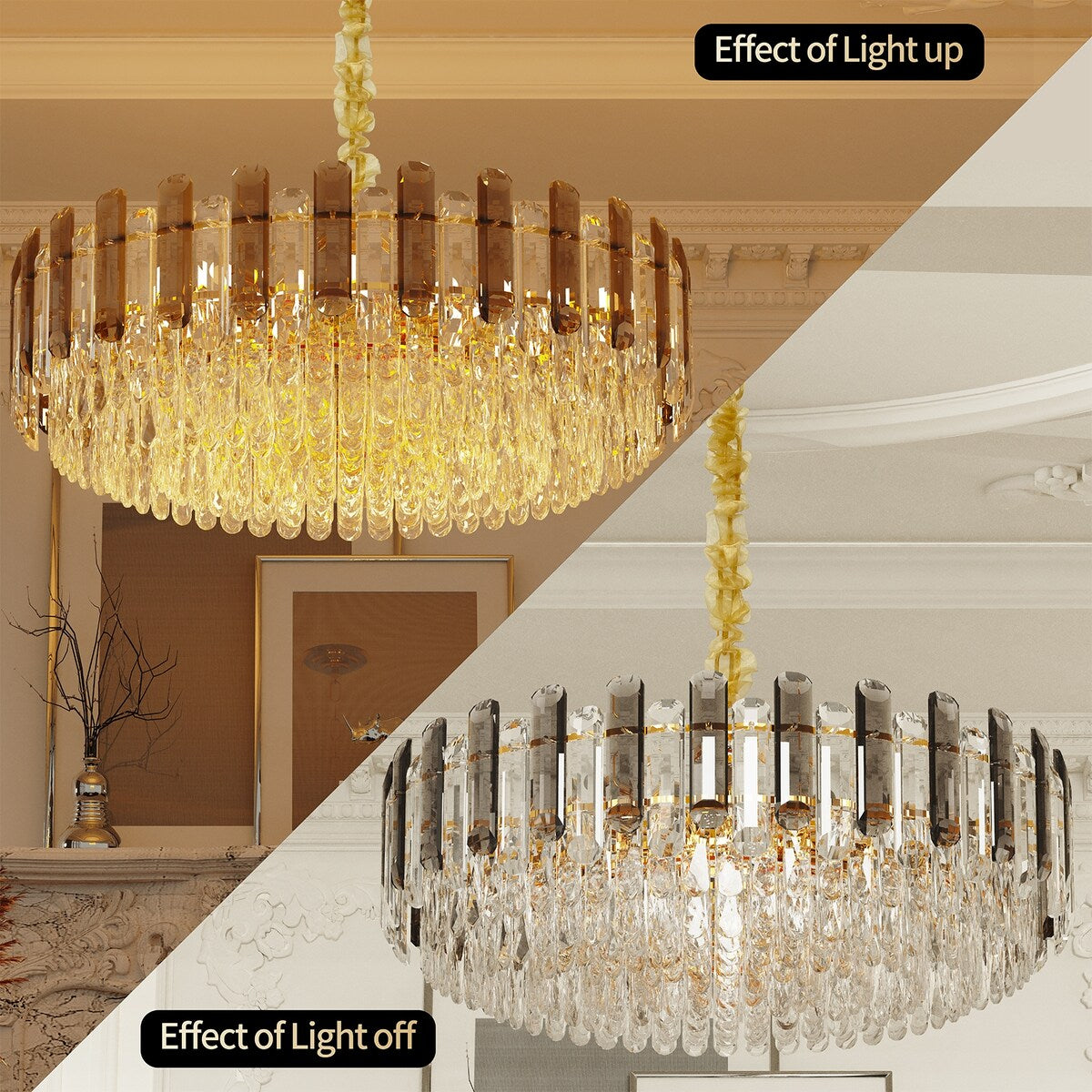 Round Layer Shining Crystal Ceiling Chandelier Lamp with 3 Color Lighting Pendant Light Fixture