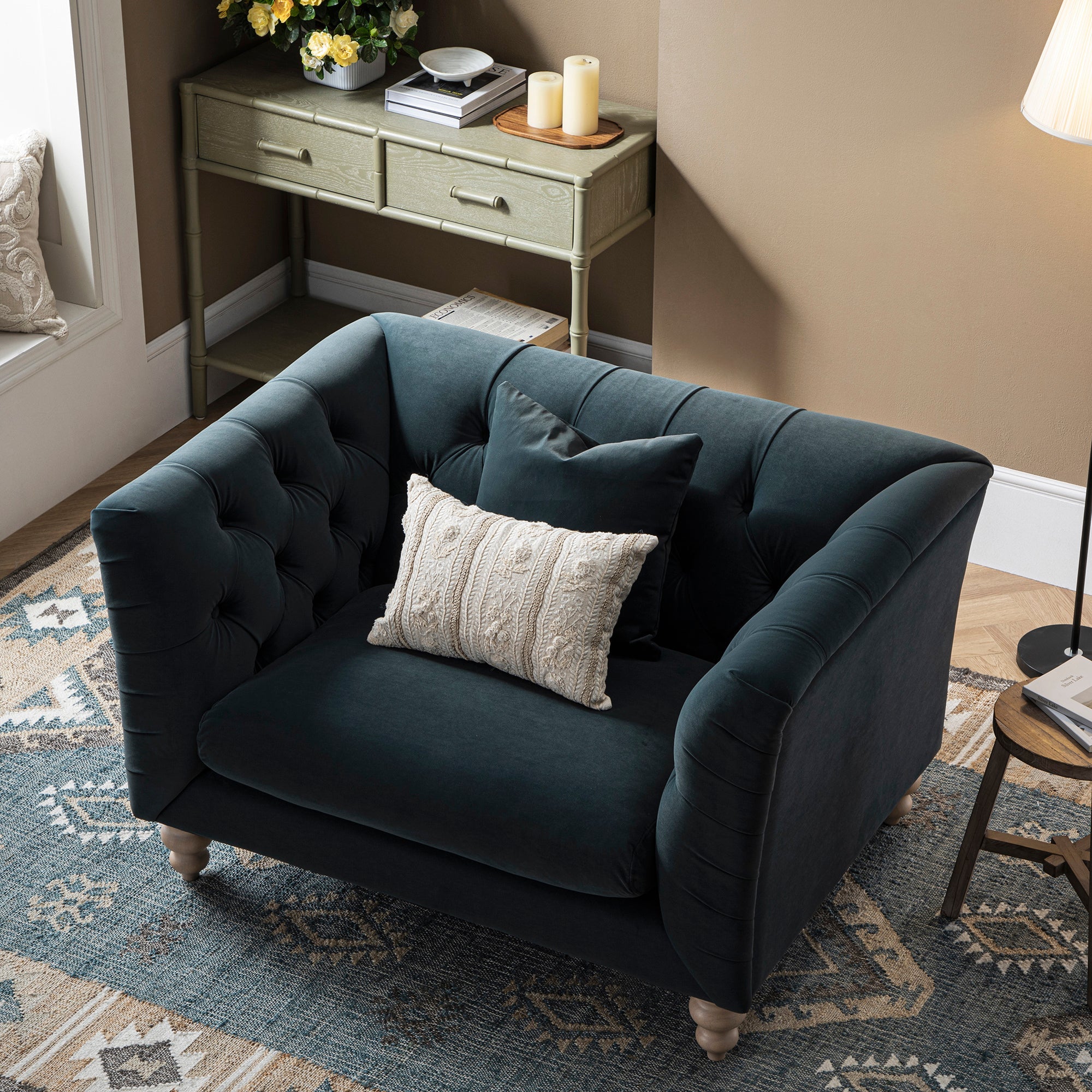 Ashby Chesterfield Loveseat, Aegean Blue Velvet