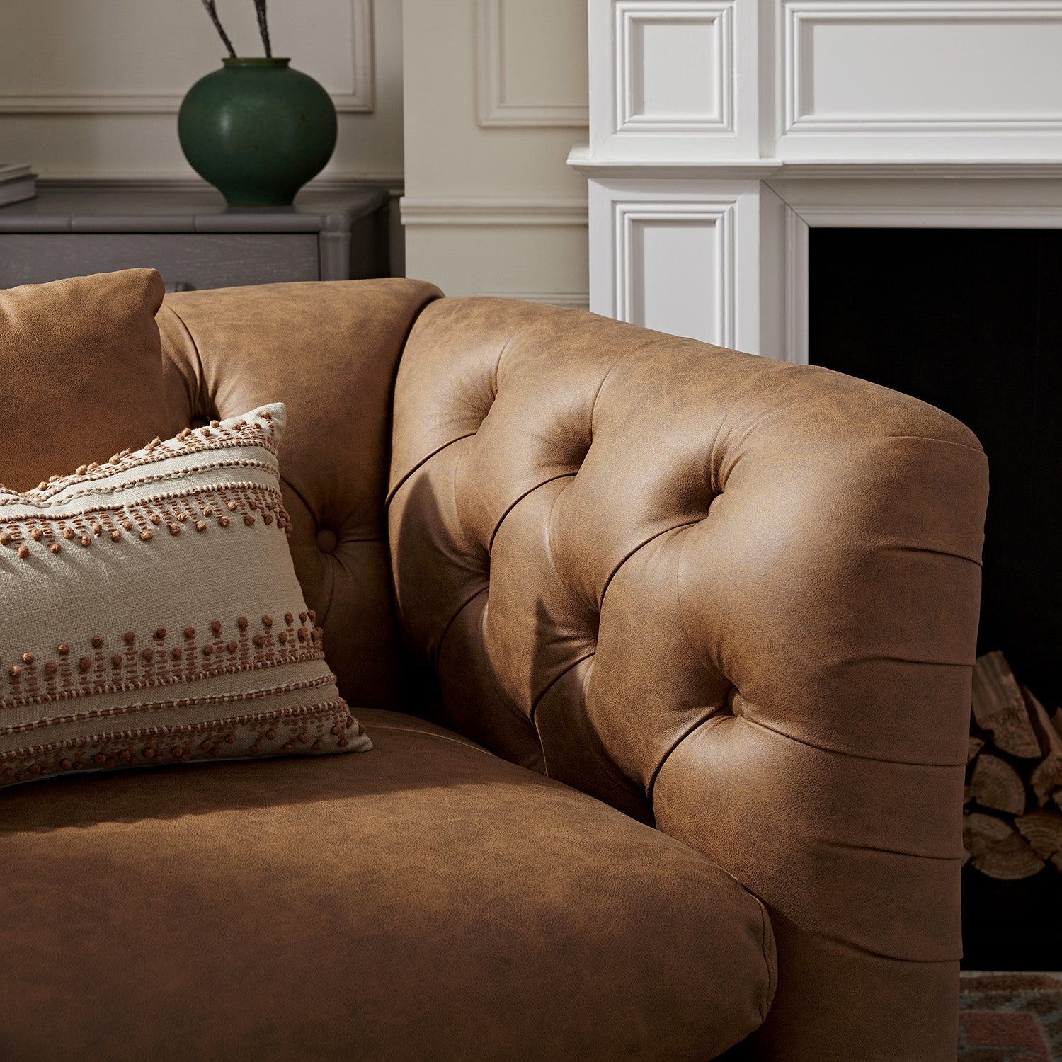 Ashby Chesterfield Loveseat, Tan Faux Leather