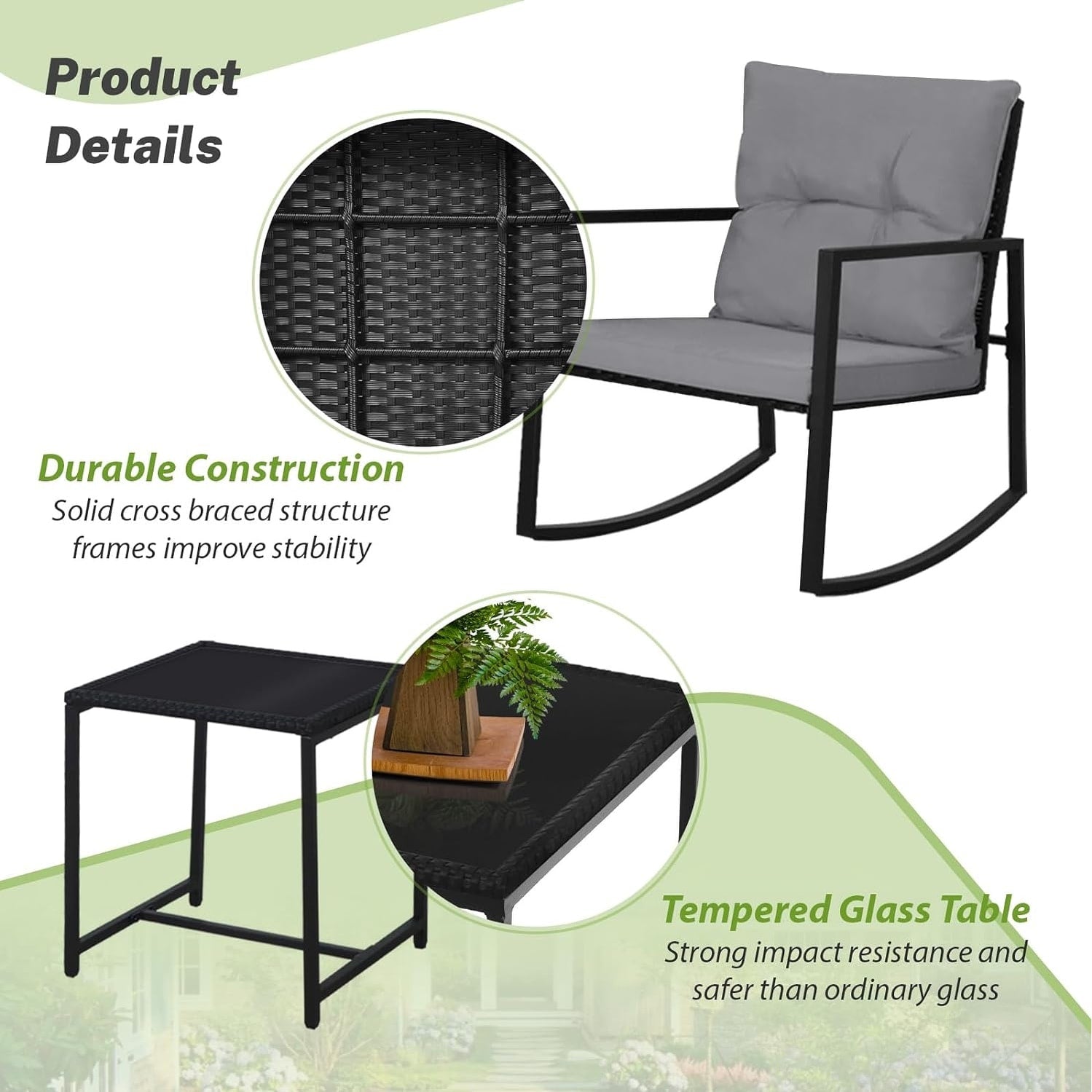SUNCROWN 3-Piece Black Metal Outdoor Patio Rocking Bistro Set