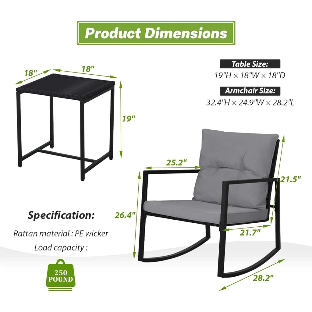 SUNCROWN 3-Piece Black Metal Outdoor Patio Rocking Bistro Set
