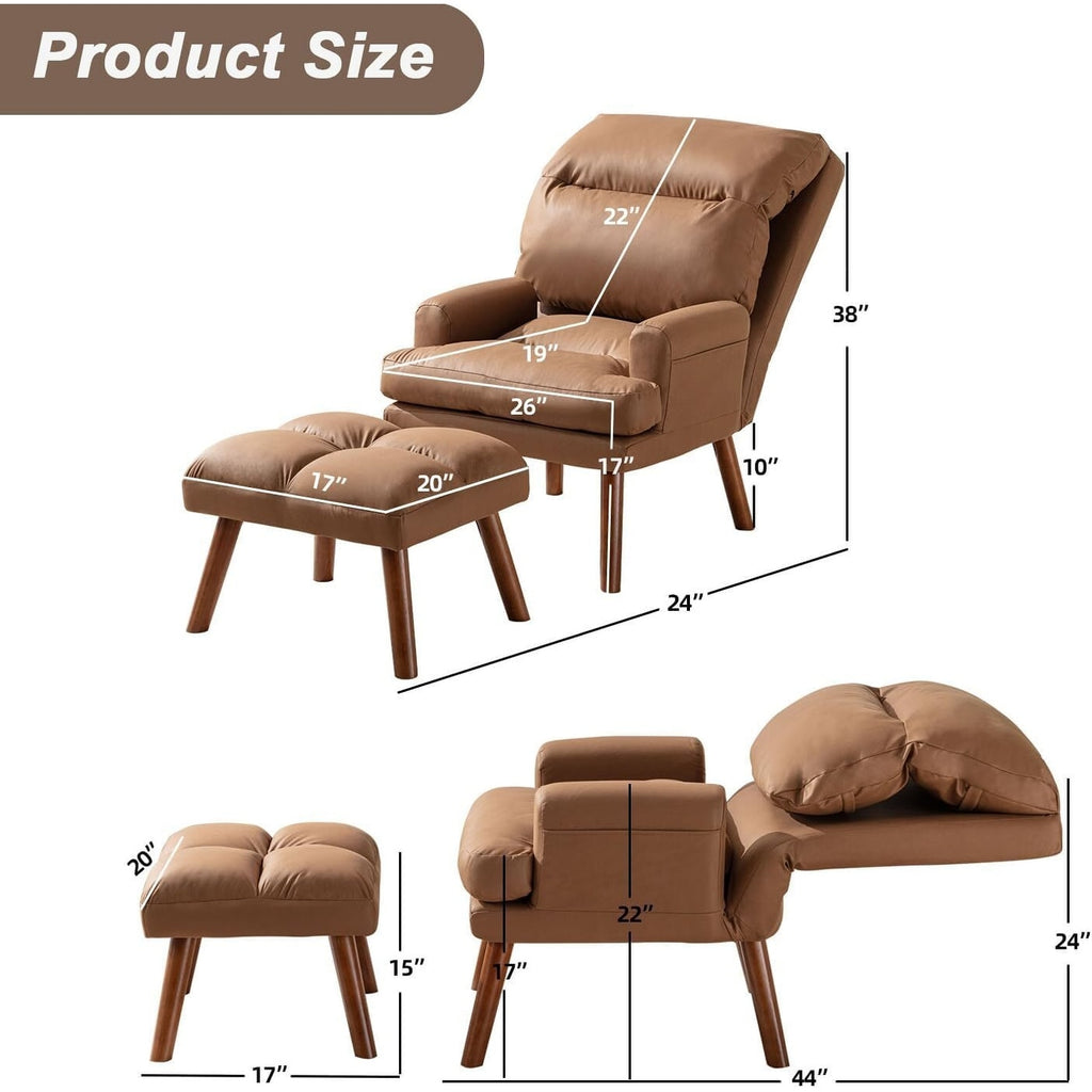 Soft Fabric Casual Living Room Armchair With Adjustable Backrest And Legs Stool