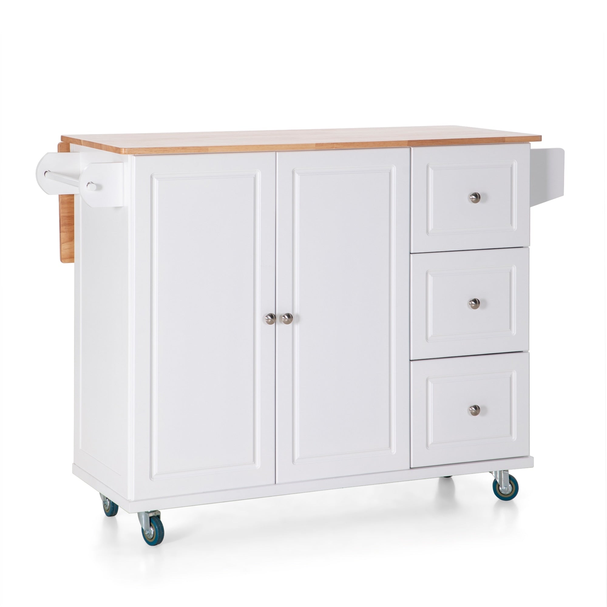 Sophia & William Kitchen Island Cart with Drop-Leaf and Rubber Wood Top, Rolling Kitchen Trolley Cart with Large Storage Cabinet