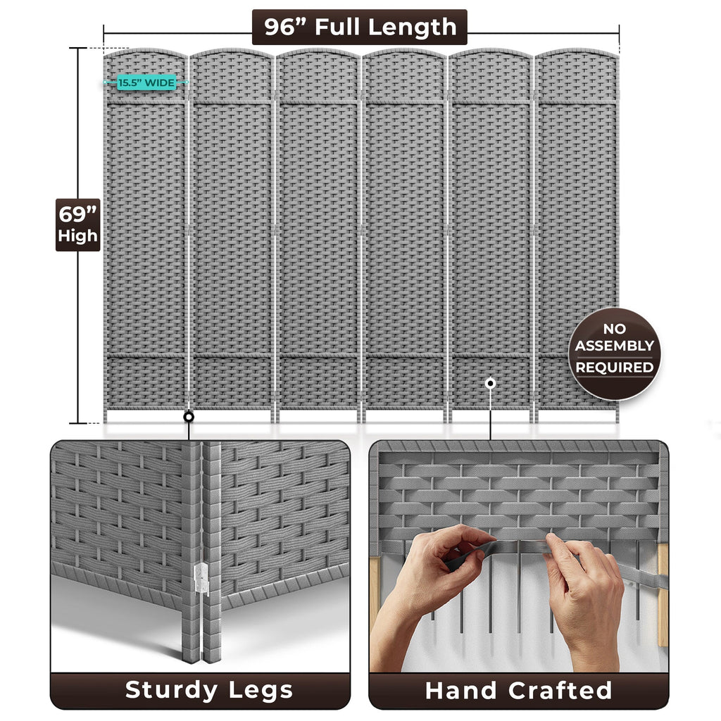 Sorbus 6 Panel Room Divider Tall Privacy Partition Screen Extra Wide Double Hinged Mesh Hand-Woven Folding Wall Divider - 6ft