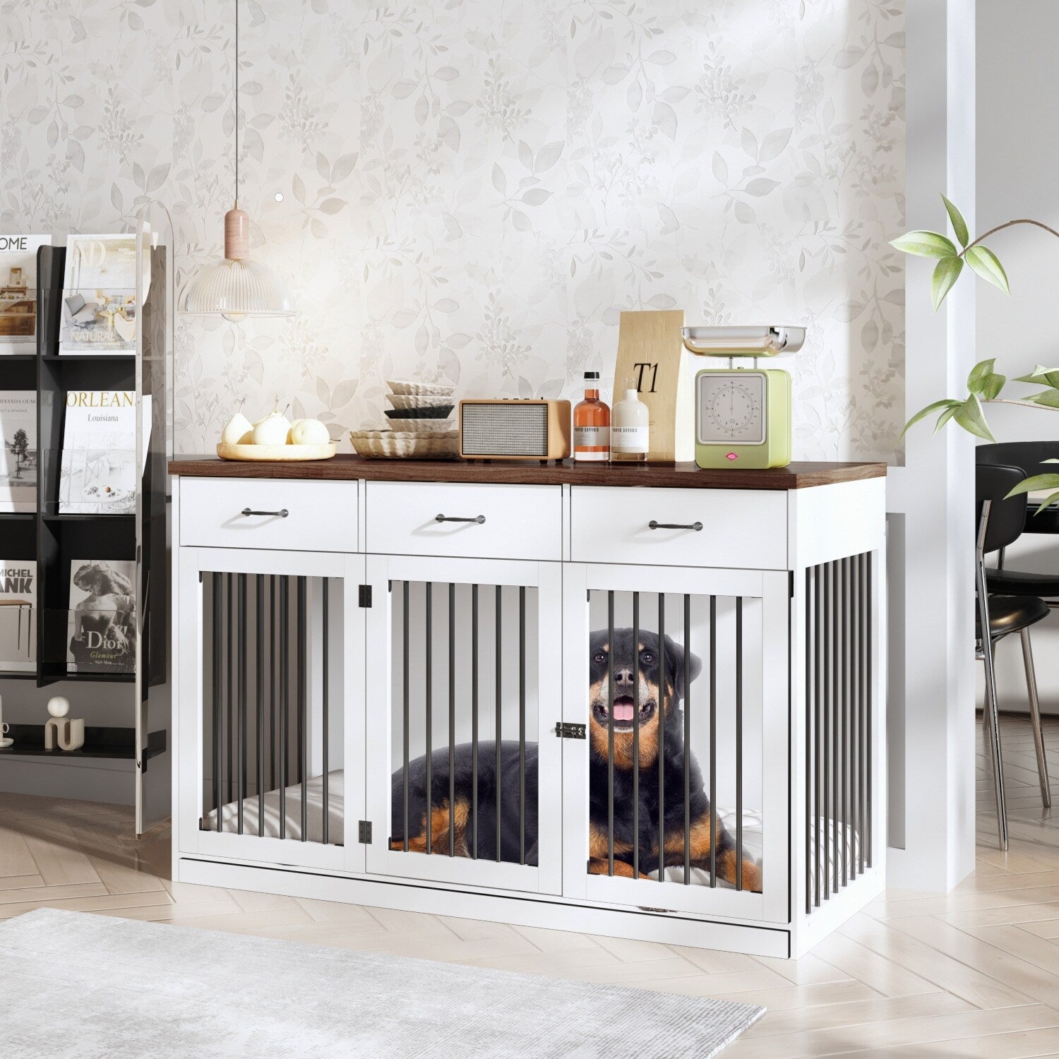 Stylish Wooden Dog Crate Furniture with Storage, 3 Drawers