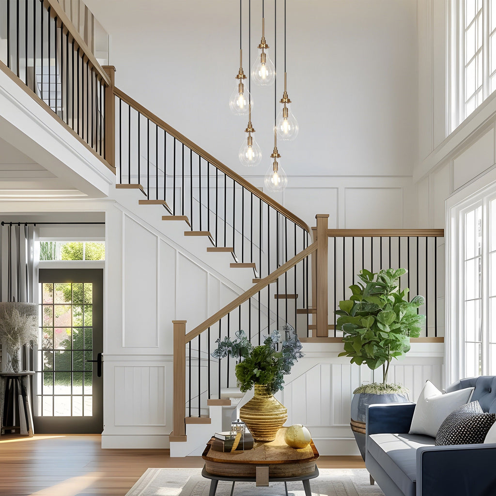 Synia Modern 5-Light Cluster Teardrop Glass Chandelier Stair Entryway Pendant Light for High Ceiling - D15'' x H18.2-74.2''