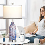 Table Lamp with Nightlight 2in1 Indigo Glass Lamp Body Charging Ports AC Outlet Drum Shade Touch Dimming Switch(Set of 2)